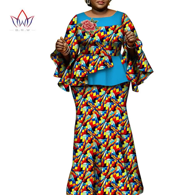 African Clothes for Women 2 Pieces Outfits Set African Print Pleated Tops and Long Skirts Traditional Clothing Party WY10413