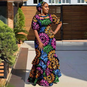 Evening Dresses African Dresses for Women Print Ruffles Maxi Dress with Free Headwrap Elegant Lady Party Wedding Gown Y2225020