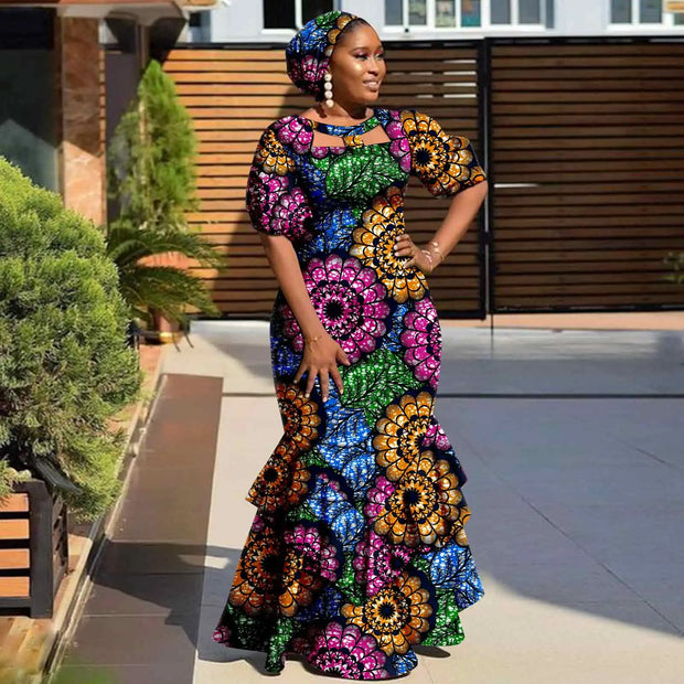 Evening Dresses African Dresses for Women Print Ruffles Maxi Dress with Free Headwrap Elegant Lady Party Wedding Gown Y2225020