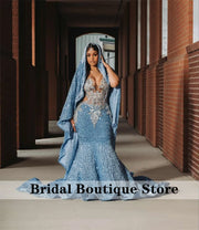 New Arrival 2025 Blue Prom Dresses For Black Girls With Cape Bead Diamonds Gems Sequins Birthday Party Gown Customized