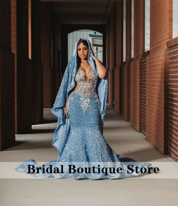 New Arrival 2025 Blue Prom Dresses For Black Girls With Cape Bead Diamonds Gems Sequins Birthday Party Gown Customized