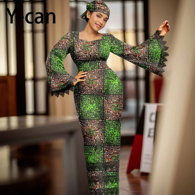 African Dress for Women Elegant Flare Sleeve Lace Dress Slim Fit Party Evening Gown Vestidos with Headwrap African Dress 2425158