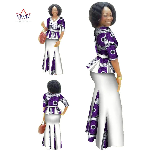 Traditional African Clothing 2 Piece Set Women Clothes Half Sleeve Maxi Dress Dashiki African Print Skirt free Scarf 6XL WY1435