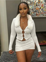 Joskaa Women 2 Piece Set Sexy Fur Collar Full Sleeve Single Breasted Tops and Split Mini Skirt Matched Winter Party Club Outfits