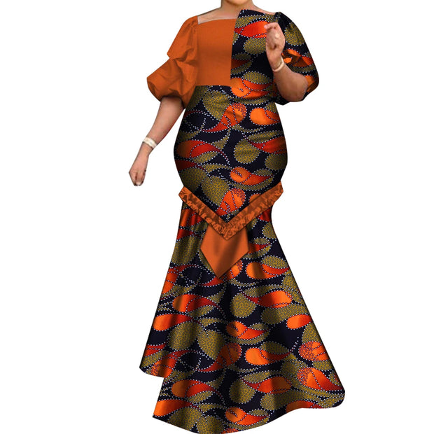 African Dresses for Women Fashion Print Patchwork Ruffle Long Dashiki Dress African Ball Gown for Evening Party WY6824