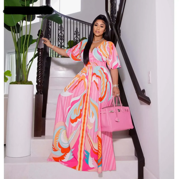 CM.YAYA Elegant Women Paisley Half Sleeve V-neck High Waist Tunic Big Swing Maxi Dress 2022 Summer Chic Sexy Party Long Dresses