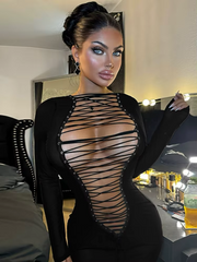 Joskaa Hollow Out Bandage Mini Black Dress Women Hipster Sexy O-Neck Long Sleeve Body-Shaping Vestido Coquette Midnight Clubwear