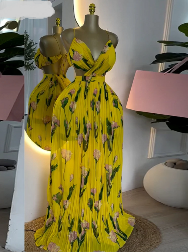 CM.YAYA Elegant Floral Print Sleeveless Sweet Strapless Floor-Length Long Women Dress Beach Party Birthday Sexy Pleated Dresses