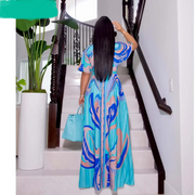 CM.YAYA Elegant Women Paisley Half Sleeve V-neck High Waist Tunic Big Swing Maxi Dress 2022 Summer Chic Sexy Party Long Dresses