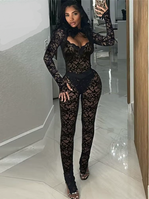 Joskaa Lace Jacquard Black See Through 2 Piece Set Women Sexy Hollow Full Sleeve Backless Bodysuit+Leggings Matching Clubwear