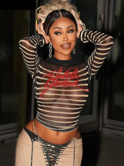 Weird Puss Letter Print Striped Women Crop Tops Sexy Mesh Fashion o-Neck Long Sleeve t-Shirt Wild Hipster Streetwear Skinny Tees