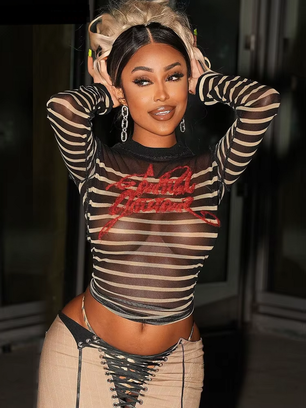 Weird Puss Letter Print Striped Women Crop Tops Sexy Mesh Fashion o-Neck Long Sleeve t-Shirt Wild Hipster Streetwear Skinny Tees