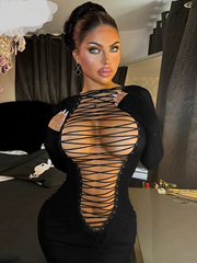 Joskaa Hollow Out Bandage Mini Black Dress Women Hipster Sexy O-Neck Long Sleeve Body-Shaping Vestido Coquette Midnight Clubwear