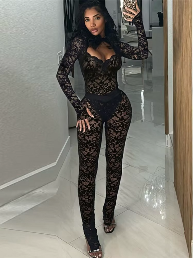 Joskaa Lace Jacquard Black See Through 2 Piece Set Women Sexy Hollow Full Sleeve Backless Bodysuit+Leggings Matching Clubwear
