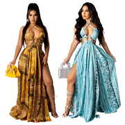 CM.YAYA Women Long Dress Print Sleeveless Halter Bandage Hollow Out Splited Maxi Dresses Sexy Night Party Vestidos Summer Outfit