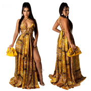 CM.YAYA Women Long Dress Print Sleeveless Halter Bandage Hollow Out Splited Maxi Dresses Sexy Night Party Vestidos Summer Outfit