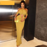CM.YAYA Summer Women Halter Off Shoulder Cutout Front Bodycon Mermaid Maxi Long Dress Sexy Night Club Party long Dresses Vestido
