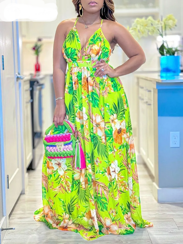 Wmstar Women Dress New in Summer Female  Floral Print V Neck Multi Sleeveless Maxi Dresses Wholesale Dropshipping S-3XL