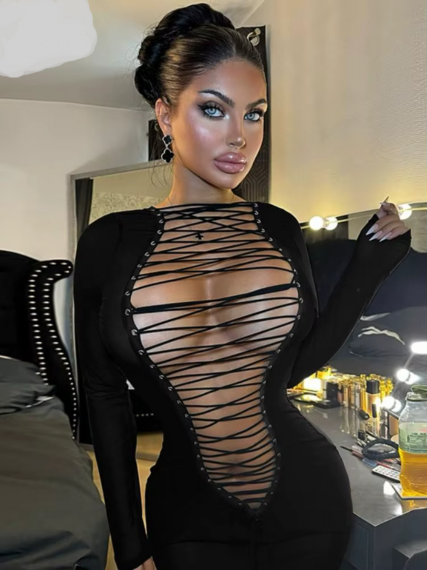 Joskaa Hollow Out Bandage Mini Black Dress Women Hipster Sexy O-Neck Long Sleeve Body-Shaping Vestido Coquette Midnight Clubwear